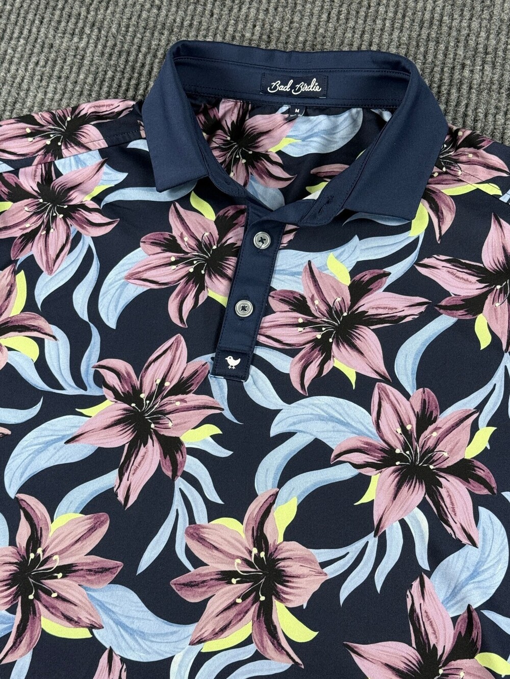 Bad Birdie Golf Polo Mens M Navy Pink Lily Print Performance Stretch